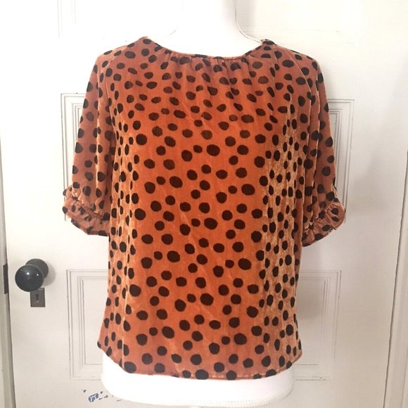 Madewell Memento Velvet Top Orange Brown Polka Dot - Picture 2 of 7
